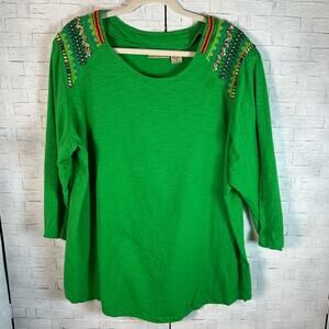 Art and soul Kelly Green T-shirt beaded shoulders Aztec Southwestern plus size